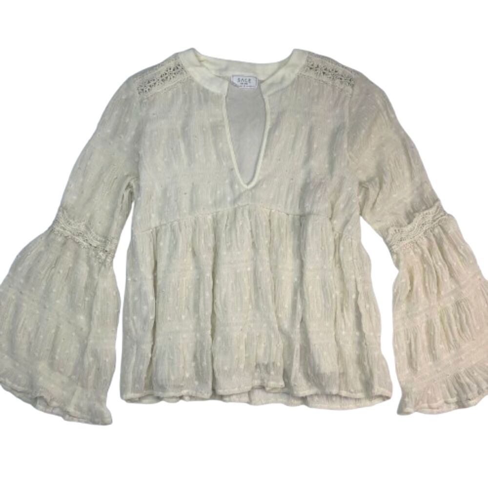 Sage The Label Swiss Dot Peasant Blouse Ivory Lace Bell Sleeve Boho Top Size S